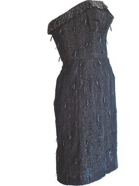 Barrach 1960's Lace Strapless Dress With Loop Glass Beaded Trim - Spain